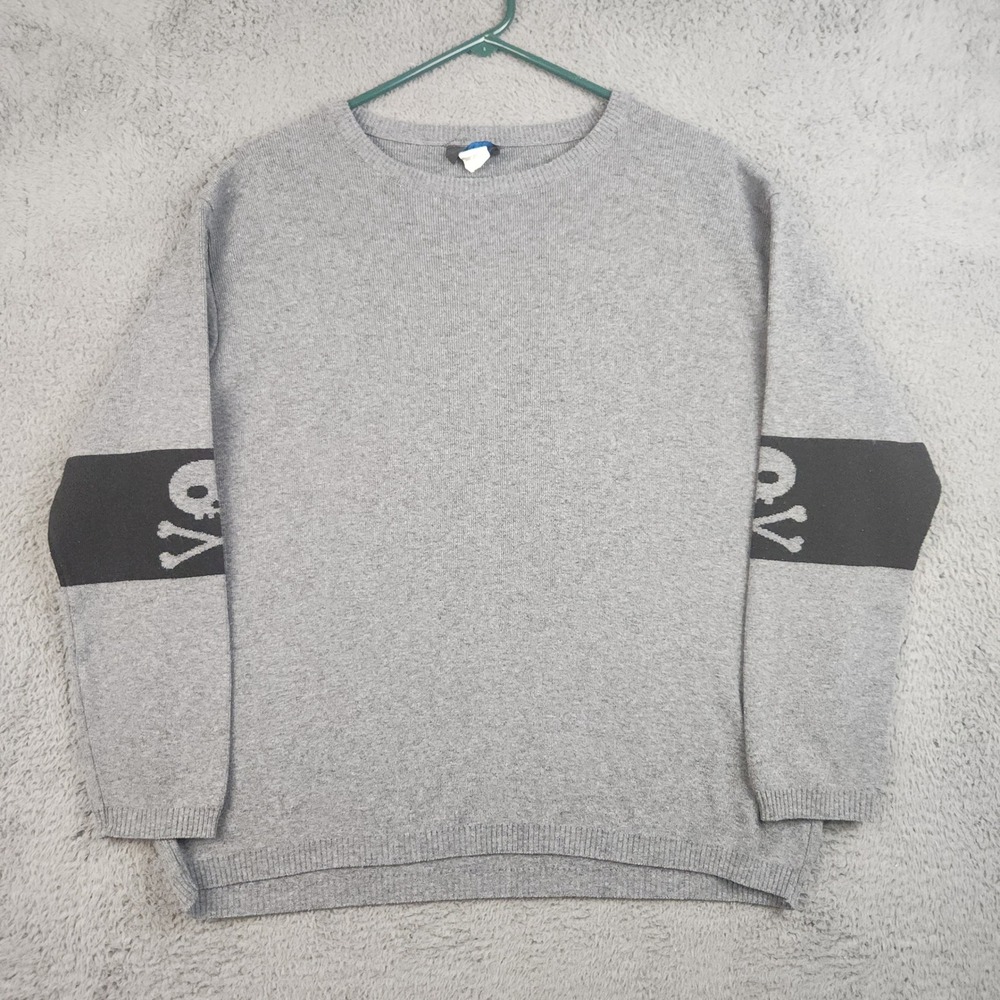 Vintage Y2K Sweater Mens Small Gray Skull Crossbones Sleeve Goth Grunge Pullover